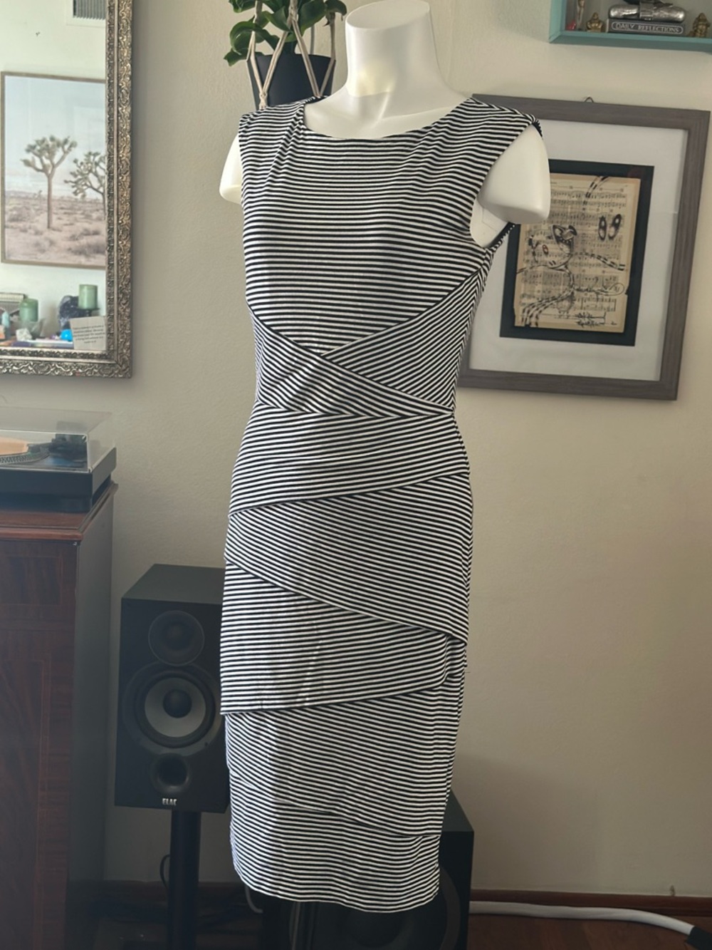 White House Black Market Black & White Striped Midi Sheath Dress